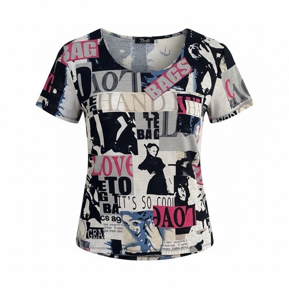 Bali Graphic Print Short Sleeve Y2K  Top Pop Art Newspaper Collage Women's M L